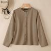 ZANZEA Dame Casual Rund Hals Ensfarget Løs Langermet Bluse