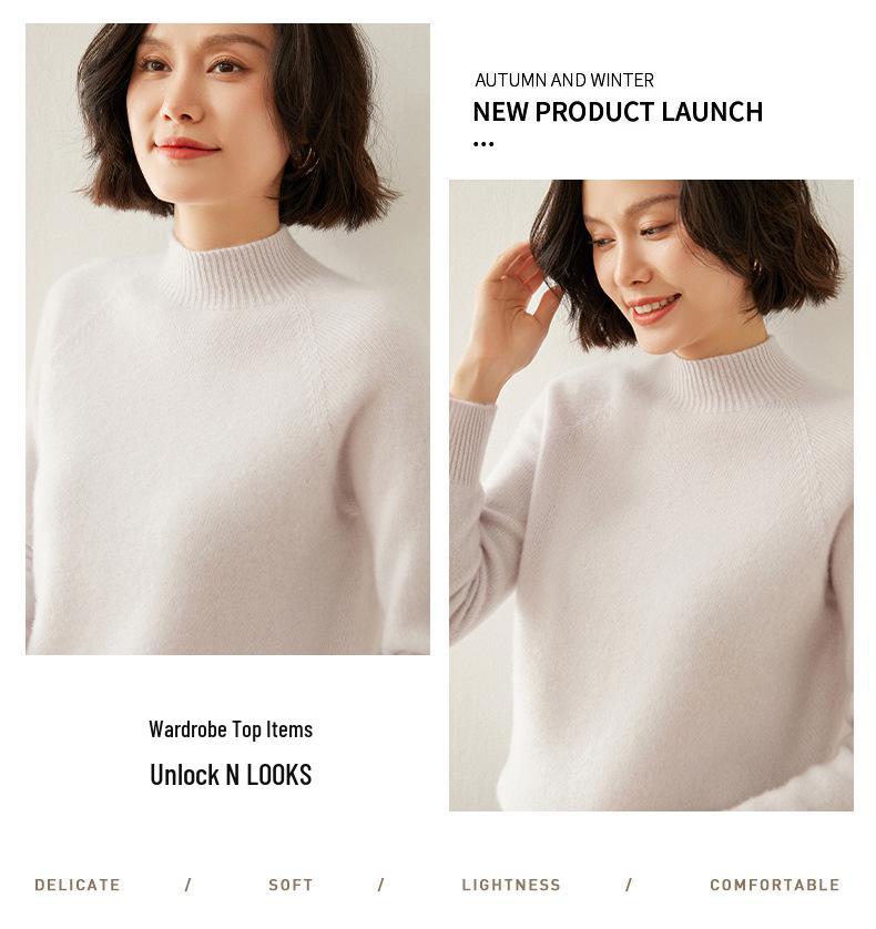 Women's Cashmere Raglan Sleeve Slim Fit Sweater - Half High Neck, Thickened, Solid Color, Versatile Knitted Top.
