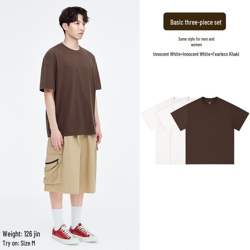 Aesthetics of Cotton: Unisex Summer Heavyweight Pure Cotton Three-Piece Short Sleeve T-Shirt Set, Basic Solid Colors