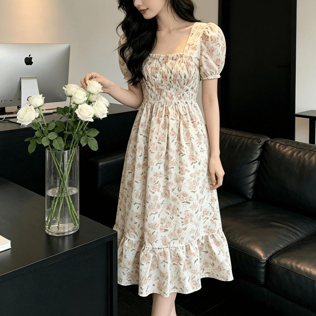 Retro Style Chiffon Square Neck Floral Pleated Dress Women's Summer Wholesale High Waist Medium and Long A-shaped Skirt
