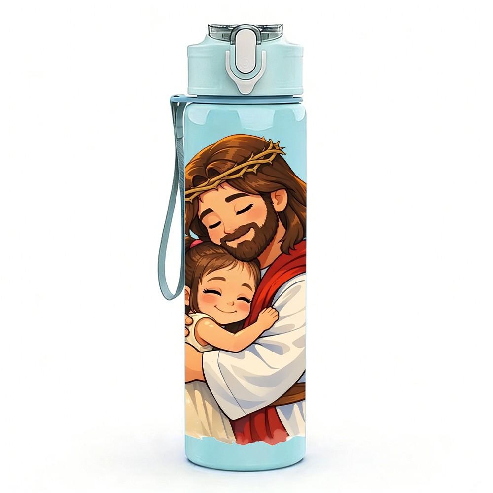 1PC Jesus Holding Baby 750ml Color Plastic Sports Water Bottle Leakproof Flip Straw Lid Suitable for Sports Office Home Use