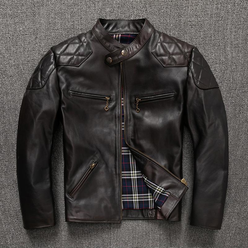 

Двухцветная куртка из лошадиной кожи для мужской мотоциклетной куртки, короткая, приталенная, со стойкой, осенняя кожаная куртка 5XL коричневый