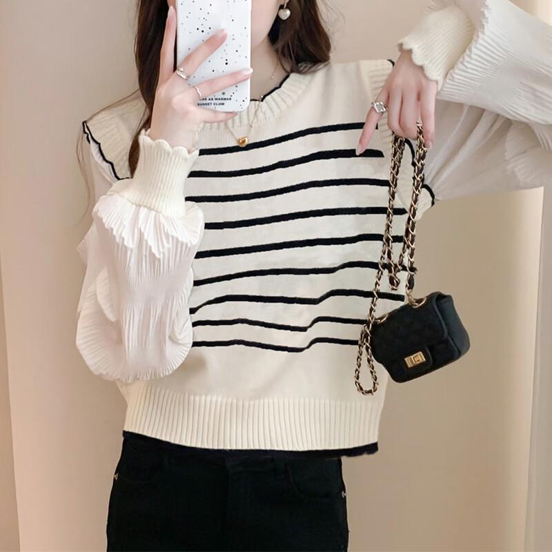 Tangshi Women's Round Neck Striped Faux Two-Piece Pullover Sweater