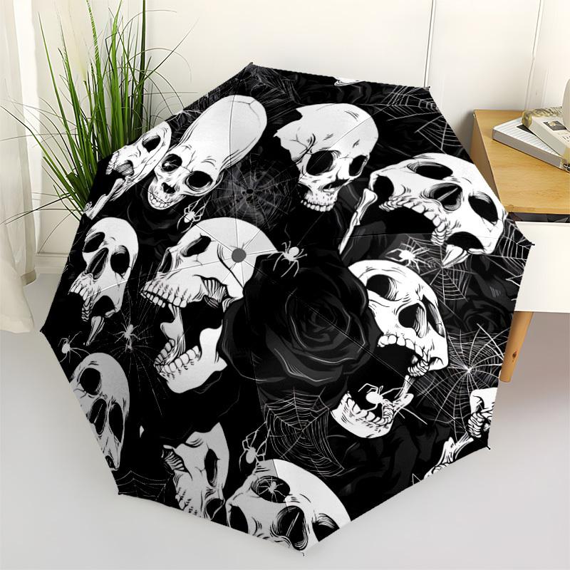 1pc Skulls Automatic Folding Umbrella & Self-Folding Canopy - Heavy-Duty 8-Rib Iron Frameyy251231004