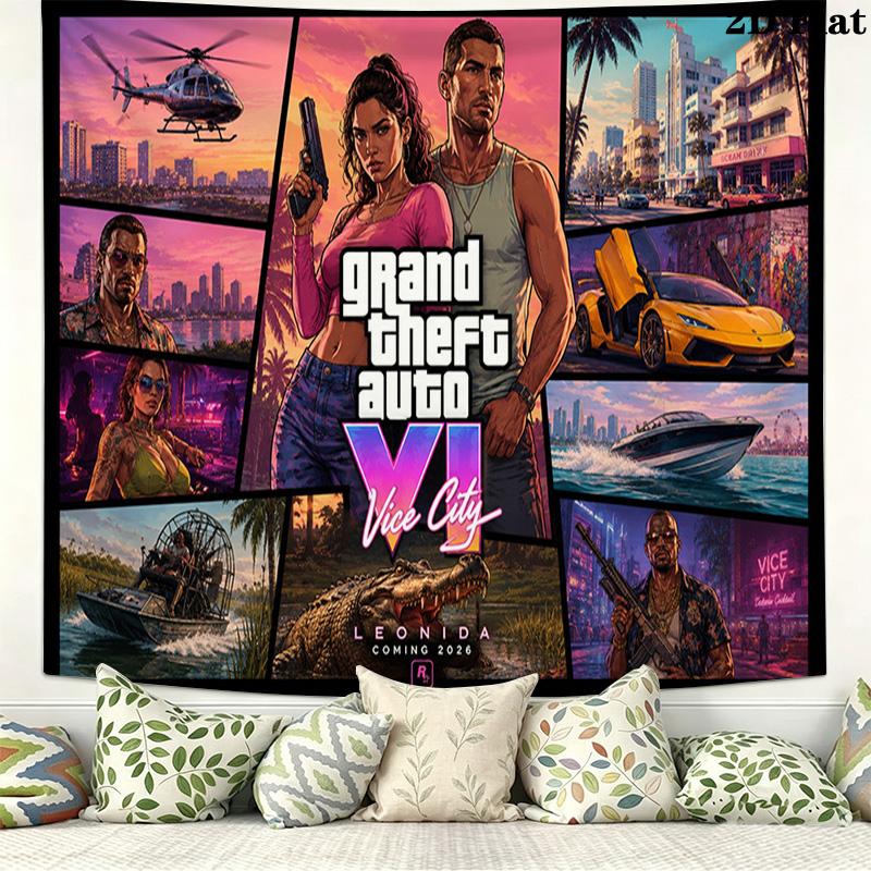 GTA Game Wall Tapestry Aesthetic Wall Hanging Printed Fabric Blanket Decorative Tapestries for Bedroom Living Room Home Decor