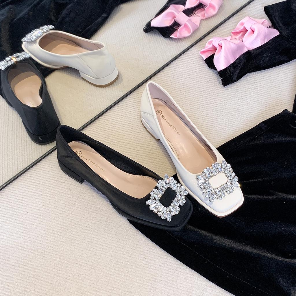 608-3 Classic Square Buckle Small Square Head Shallow Mouth Flat Shoes Autumn and Winter New Rhinestone Low Heel Commuting Single Shoes Women's Shoes