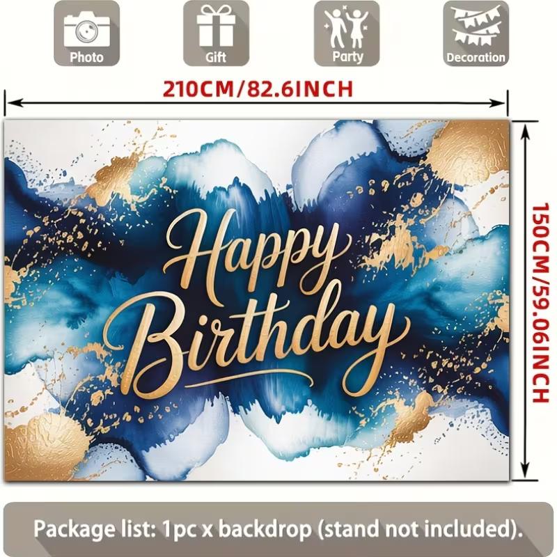 2D Blue Gold Ink Wash Happy Birthday Backdrop Banner Photography Background for Men Party