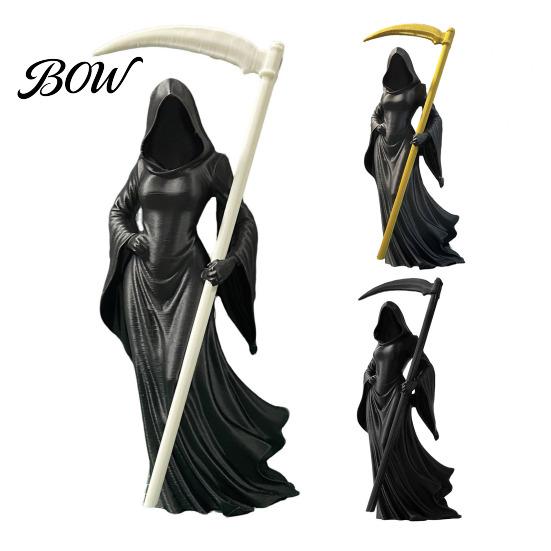 Dekoratives Skelett mit Buch 3D-gedruckte weibliche Sensenmann-Statue, Kapuzenlose gesichtslose gotische Harzfigur, Abnehmbare Sense, Mystische Fantasy