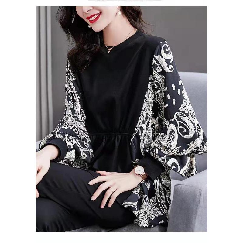 Autumn Long-sleeved Women's Tops Round Neck Printed Fashionable Middle-aged Plus Size Bottoming Shirts for Women