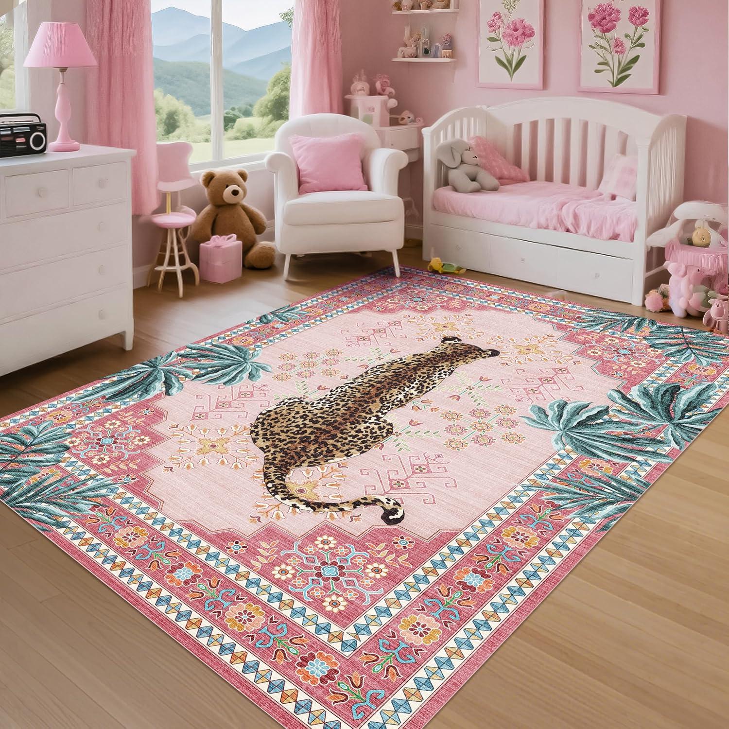 

Stylish Cheetah Pattern Animal Flower Area Rug for Bedroom Living Room Decor Floor Mat in Green Blue Pink for Home Door Decor 50x80cm