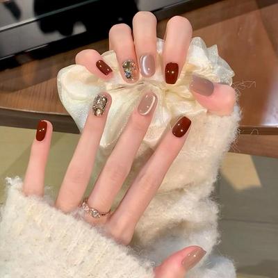 Wine Red & Champagne Glitter Press-On Nails: Removable, Wearable French Romantic Nail Art for Women