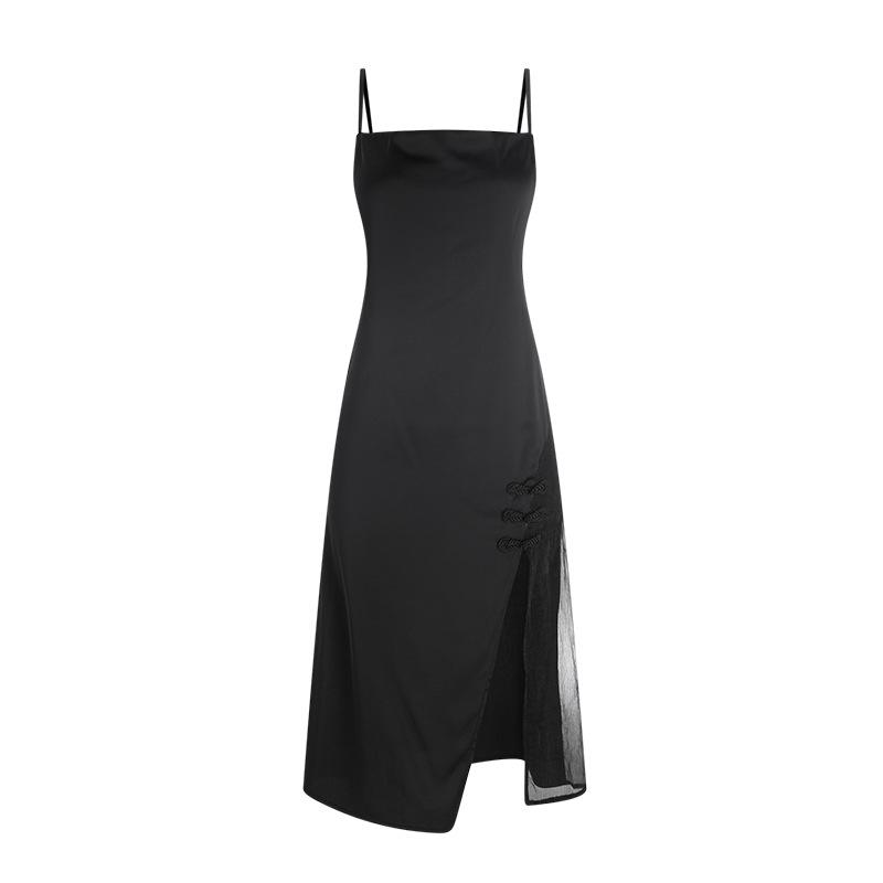Women's Satin Vintage Frog Button Cowl Neck Backless Cami Sleep Dress Lounge Set