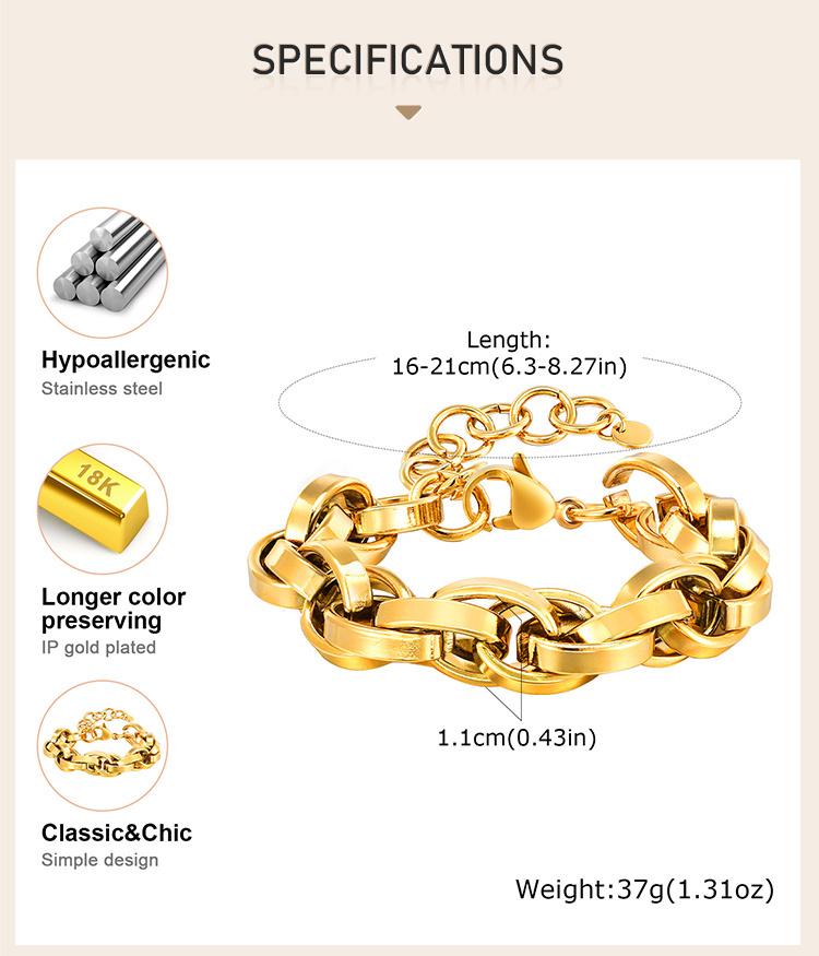 Chunky Chain Bracelet Stainlesss Steel, Bold Link Metal Twist Statement Bracelet for Women,18k Gold Plated Jewelry