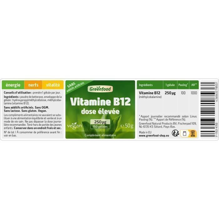 Greenfood Vitamin B12 (Methylcobalamin), 250 mg, 120 Kapseln, hohe Dosis - für mehr Energie. vegan.