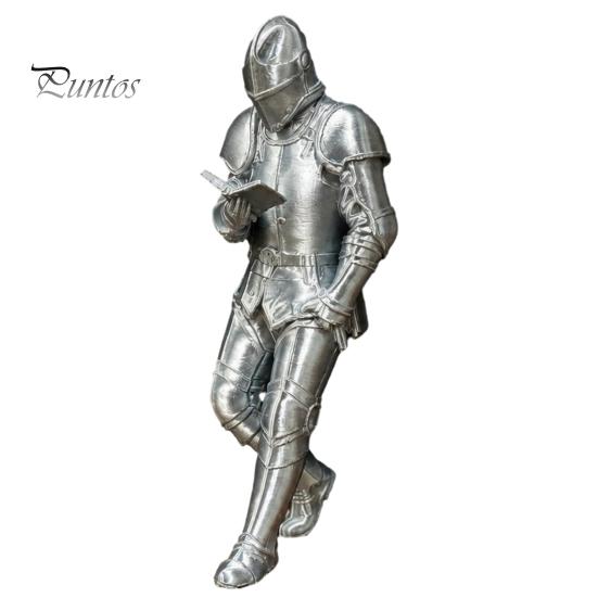 Relaxed Posture Knight for Collection Medieval Bookshelf Decor, Silver-Finished Armored Statue, Fantasy Home Bookend Library Office Desktop Ornament,