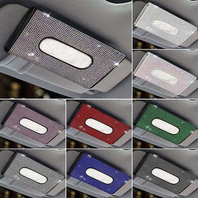 Bling Crystal Rhinestone Leather Car Tissue Holder, Sun Visor Backseat Napkin Case, Auto Storage Accessory