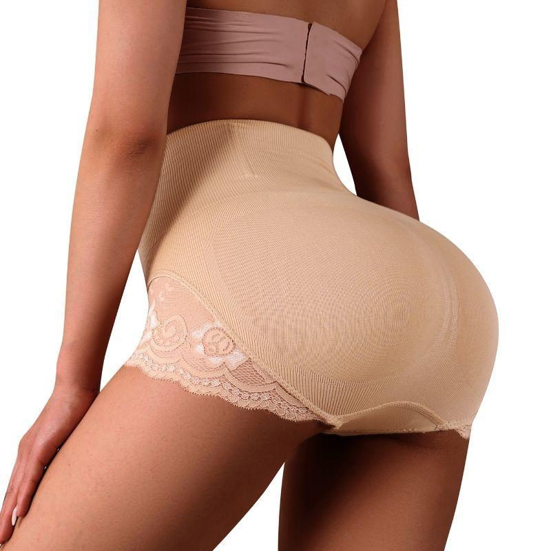 Women's High-Waisted Lace Trim Body Shaping Tummy Control Butt Lifting Triangle Panties with Boning Anti-Roll Edge