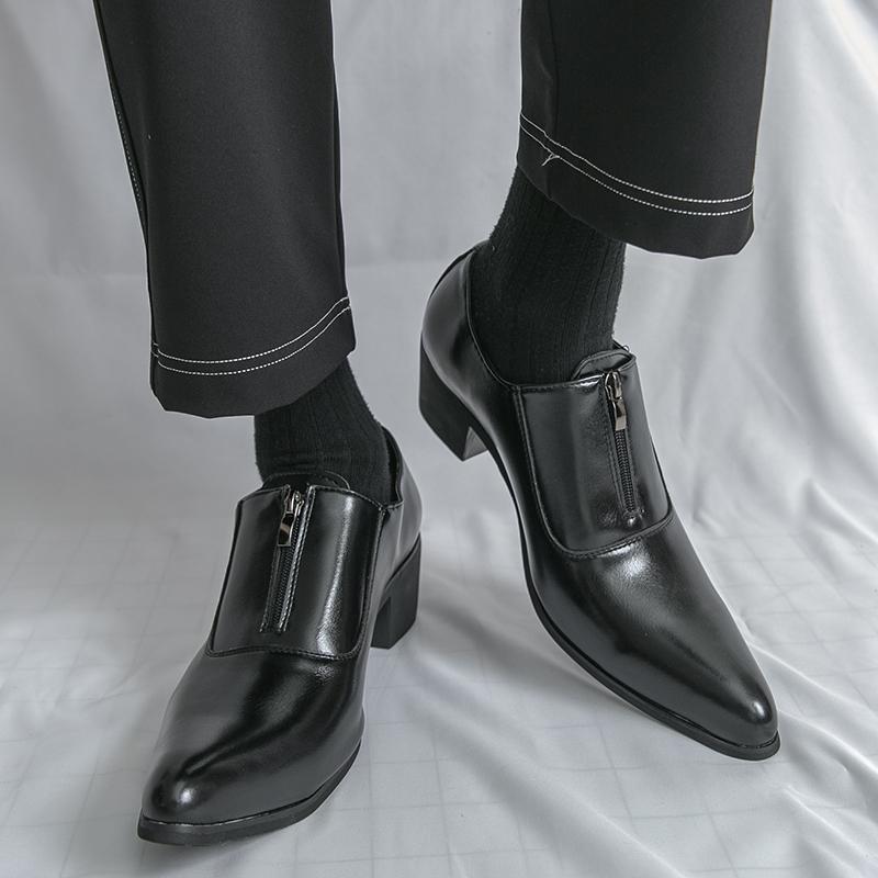 Men Loafers Leather Individuality Formal Business Zipper Shoes Pointed Toe Heel Wedding Dress Prom Shoes Over Sized