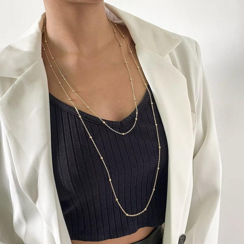 Vintage Silver Color Round Bead Necklace For Women Girls 2026 Fashion Multi Layered Long Sweater Chain Necklace Charm Jewelry
