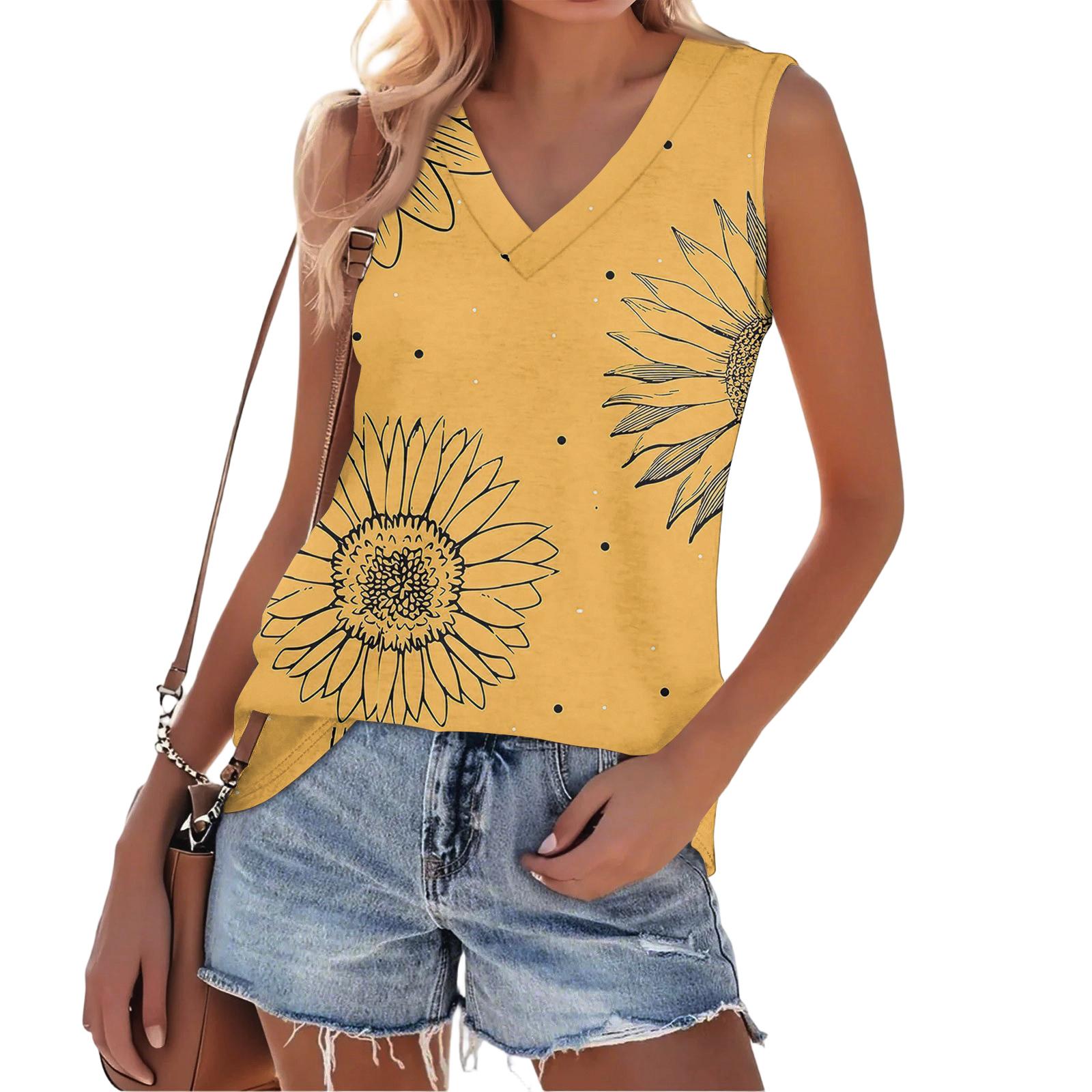 

Sleeveless V Neck Tank Top with Floral Print Soft Lightweight Material Relaxed Fit Casual Summer Shirt for Women S хакі