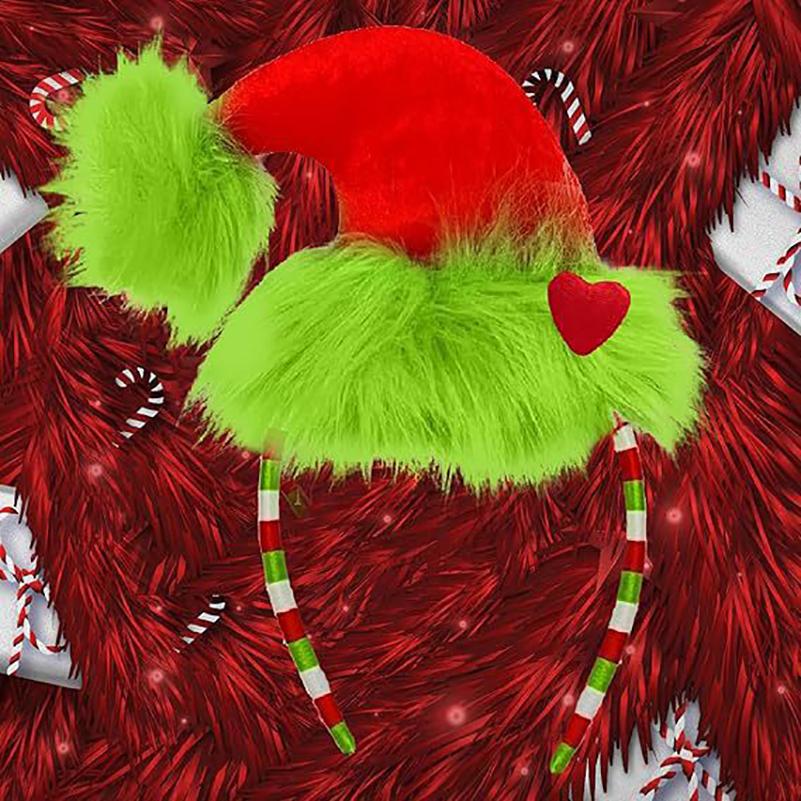 Green Plush Headband Christmas Hat Accessory With Red Heart Pattern Fun And Novelty Costume Accessory Christmas Party Accessory