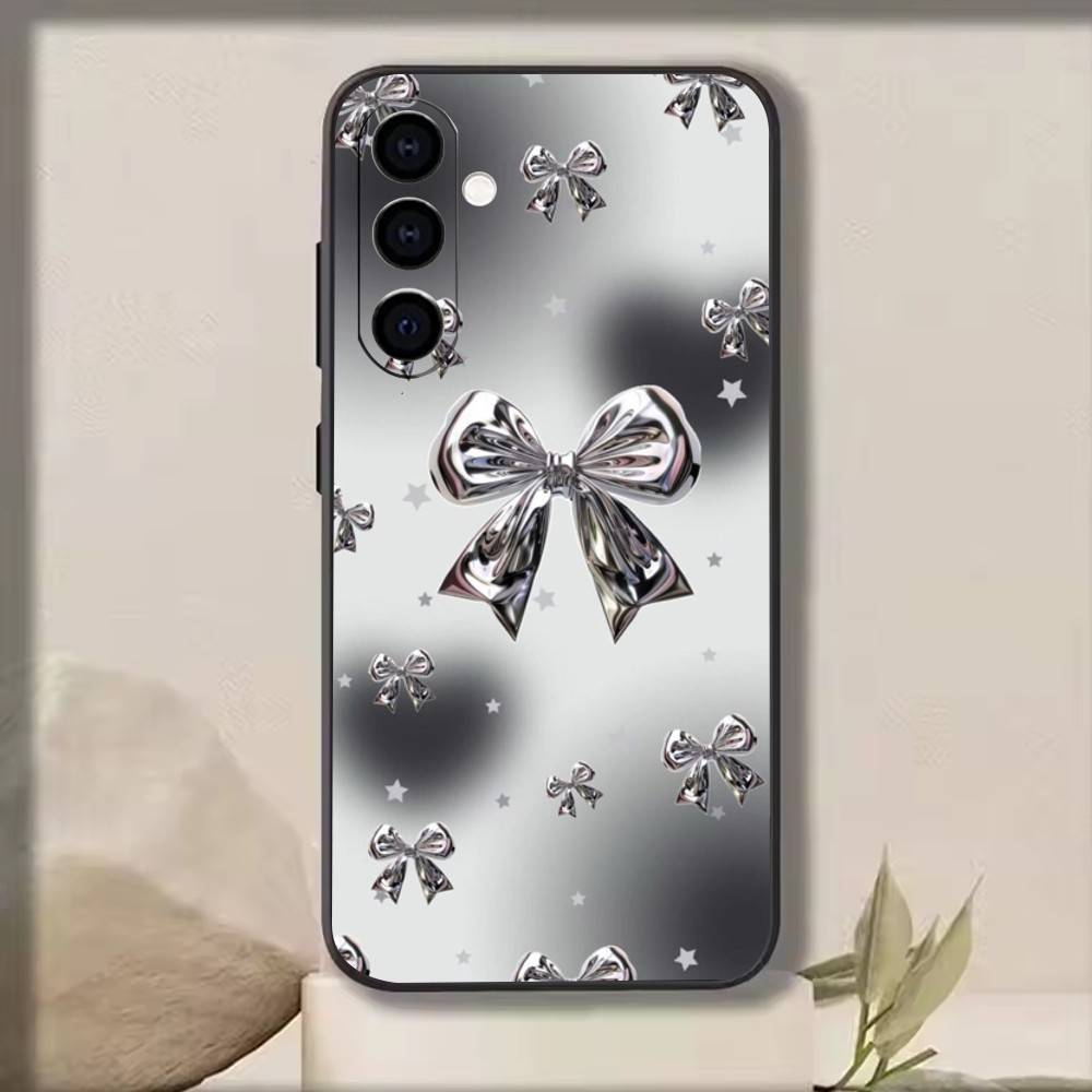 

Sliver bow Phone Case Black Silicone Soft For Samsung Galaxy A73,A72,A71,A70,A53,A52,A51 Samsung a32 5g