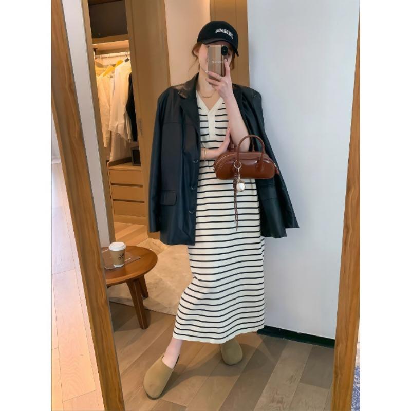 Women's Advanced V-neck Sleeveless Knit Dress Summer Slimming Base Long Dress