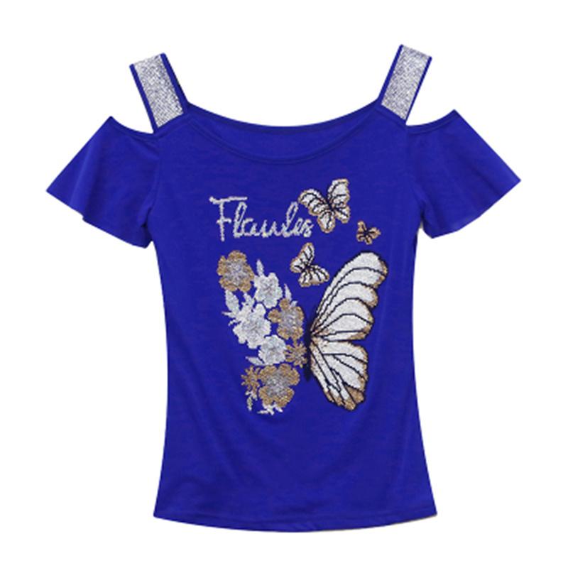 Fashion Women’s Mesh Bling Butterfly T-Shirt Clothes Sexy Off Shoulder Luxury Hot Diamonds Tops Summer Short Sleeve Female Tees Blouse