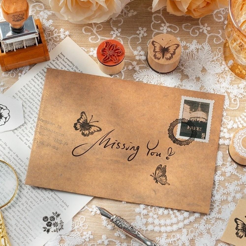 3 Options Wooden Stamp Set DIY Craft Wood Rubber Stamp Creative Butterfly Stamp Handbook Craft