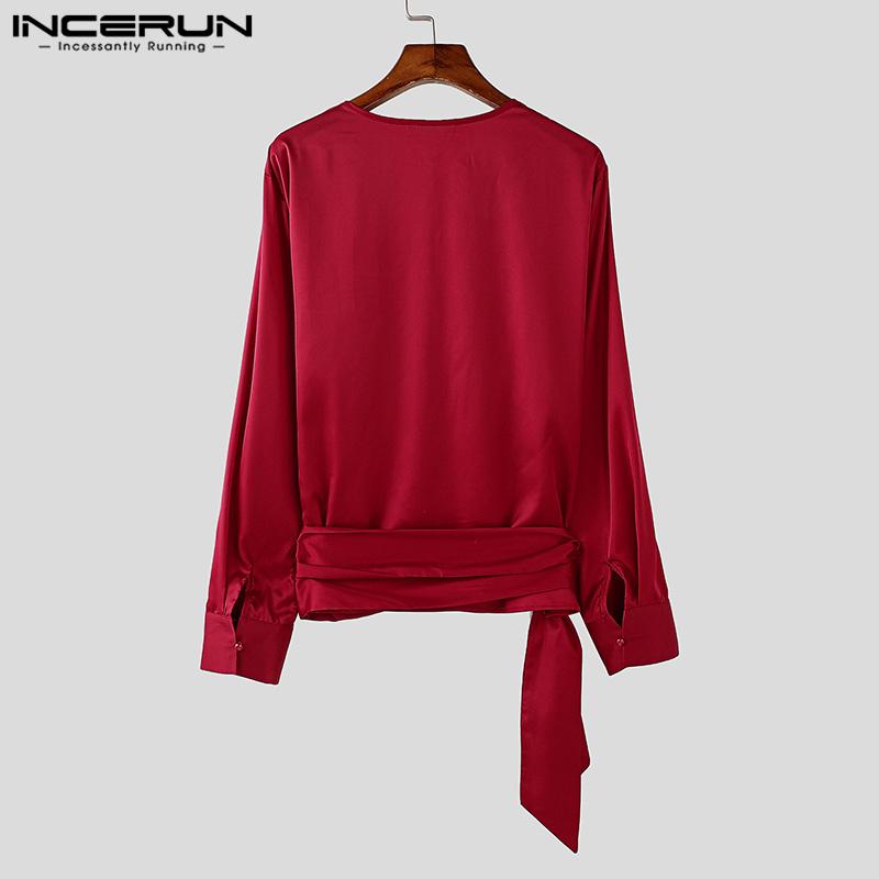 INCERUN Men Long Sleeve Bandage V Neck Front Cross Layer Shirts Tops