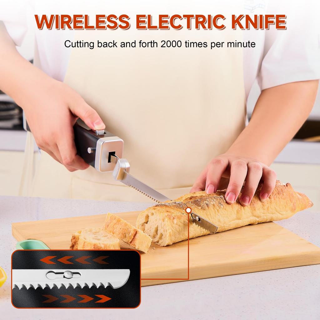 Professionelles kabelloses, wiederaufladbares Easy-Slice-Elektromesser(Metallisches Schwarz)mit Sicherheitsverriegelung und Auslöser, Edelstahl, Küchenzubehör