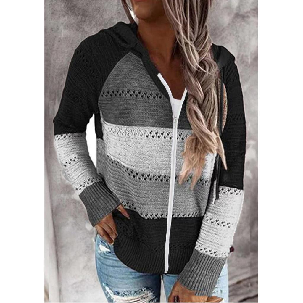 Women's Casual Striped V-Neck Hollow Long Sleeve Zipper Hooded Sweater Clothes Sale