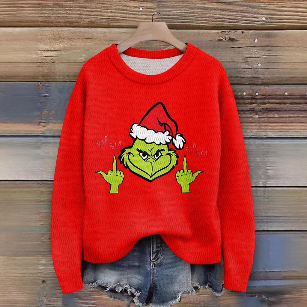 Women's Christmas Print Cardigan Long Sleeve Round Neck Knit Top