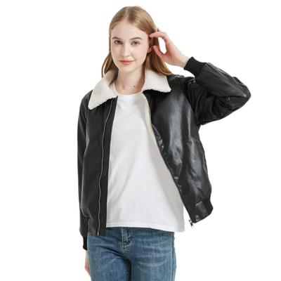 Women Autumn Winter Turn-down Collar Solid Color Zipper Plush Leather Jacket