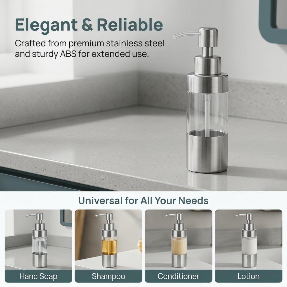 Stainless Steel ABS Soap Dispenser Silver with Pump Lotion Dispenser Refillable Wide Opening Liquid Soap Dispenser
