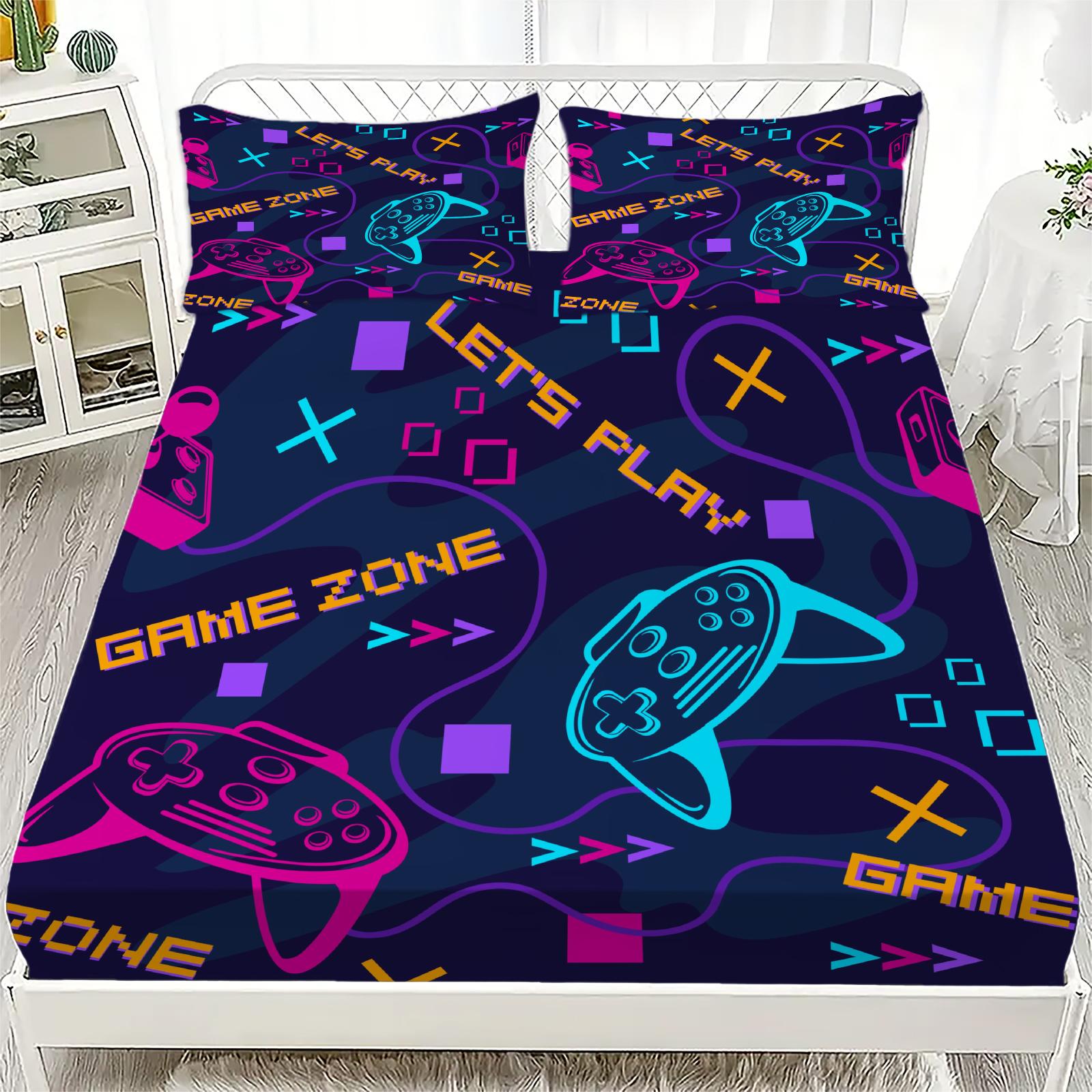 

3D Game Controller Fitted Sheet Set For Boys Bedroom Decor Queen Size King Size Skin Friendly Washed Cotton Fitted Sheet Twin99x190cm синий