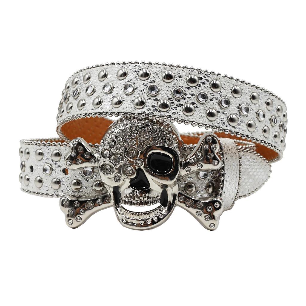 Retro Snake Print Rhinestone Skull Buckle Unisex Jeans Belt - Hip Hop Punk Fashion