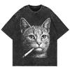 Heta rean Rolig Meme Rökande Katt Grafiskt Tryck T-shirt Herr Dam Sommar Ny T-shirt Retro Tvättad Rundhalsad Bomull Casual Överdimensionerad Topp
