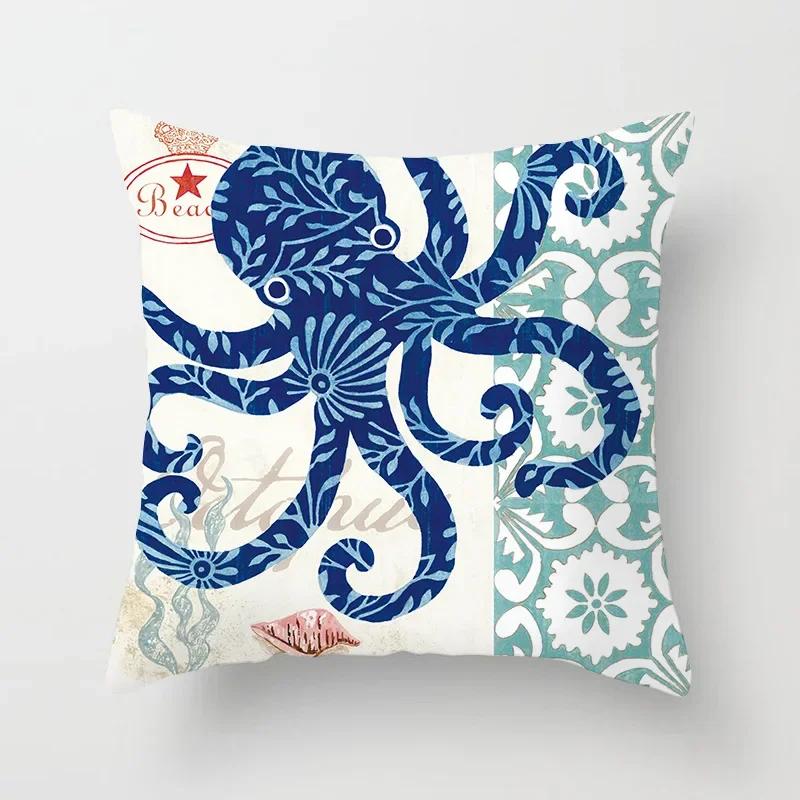 45X45CM Retro Mediterraner Ozean Druck Blau Grün Kissenbezug Heiß Meerjungfrau Fisch Kissenbezug Sofa Sitz Wohnzimmer Dekokissen