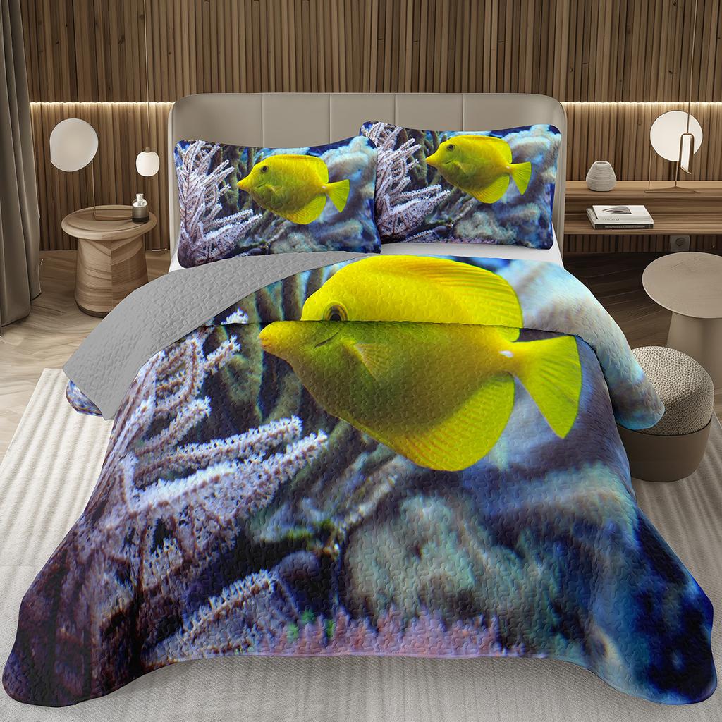 Fish Bedspread Twin Queen Ocean Marine Theme Coverlet Set for Boys Girls Teens Room Soft Lightweight Sea Animal Quilted Bedding