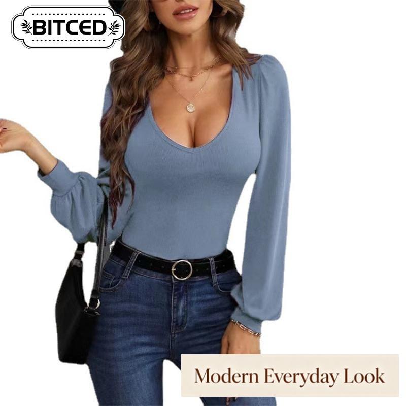 BITCED Women's Fashion Casual Solid Color Print Long Sleeve U-Neck Blouses & Shirts