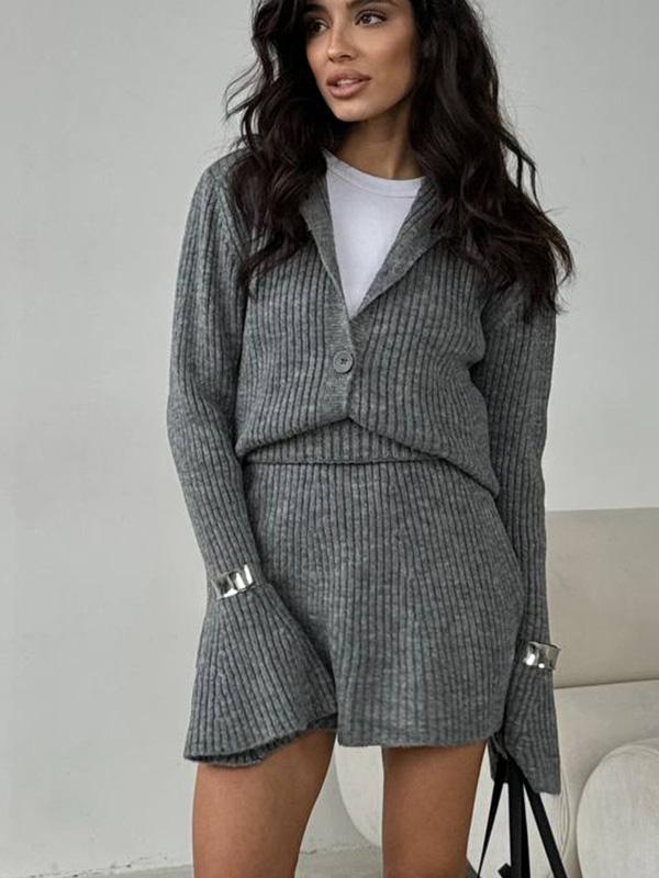Solid-Color Knit Sweater Set Minimalist Cardigan Top and Bodycon Skirt Two-Piece Set