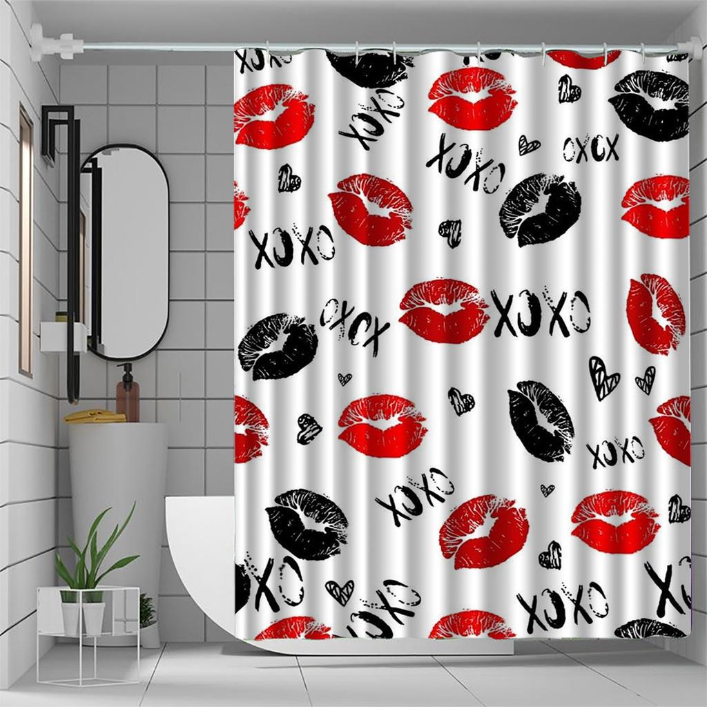 1pc Lip Kiss Print Shower Curtain, Polyester Fabric, Machine Washable, Suitable for Bathroom Decoration