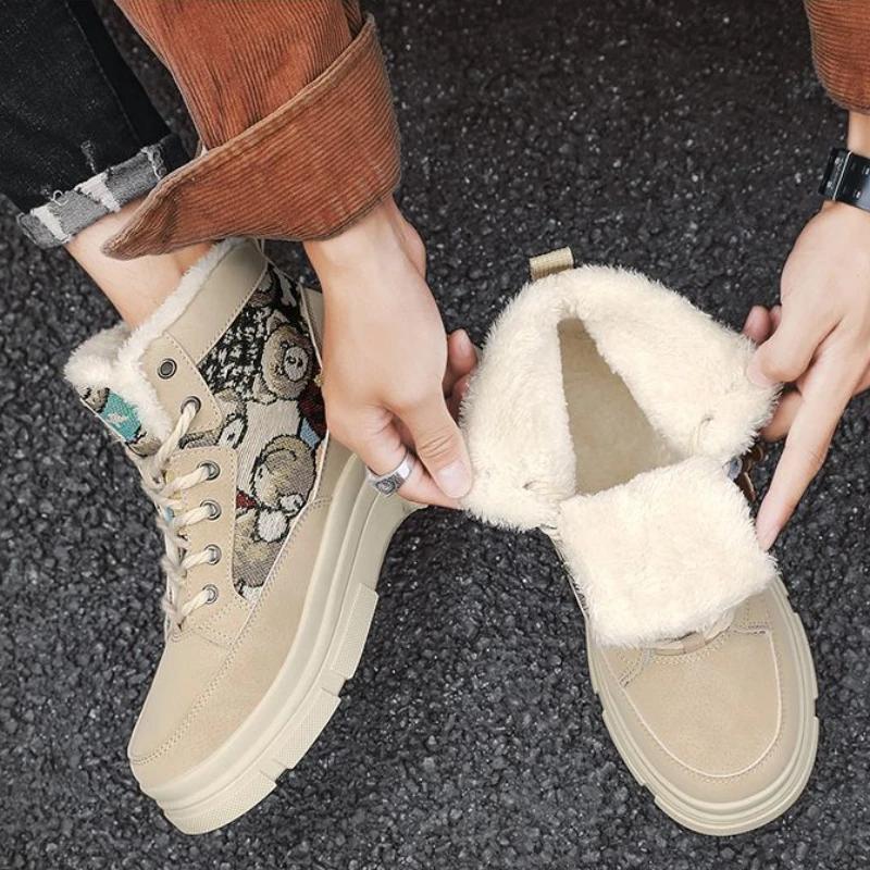 Boots Men High Top Boots Men's Leather Shoes Winter Fashion Plush Warm Shoes Outdoor Sneakers Lace Up Non-Slip Ankle Boots Male