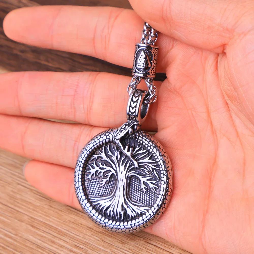 Nordic Tree of Life Pendant Necklace Stainless Steel Vintage Yggdrasil Ourobles Necklace Men Scandinavian Jewelry