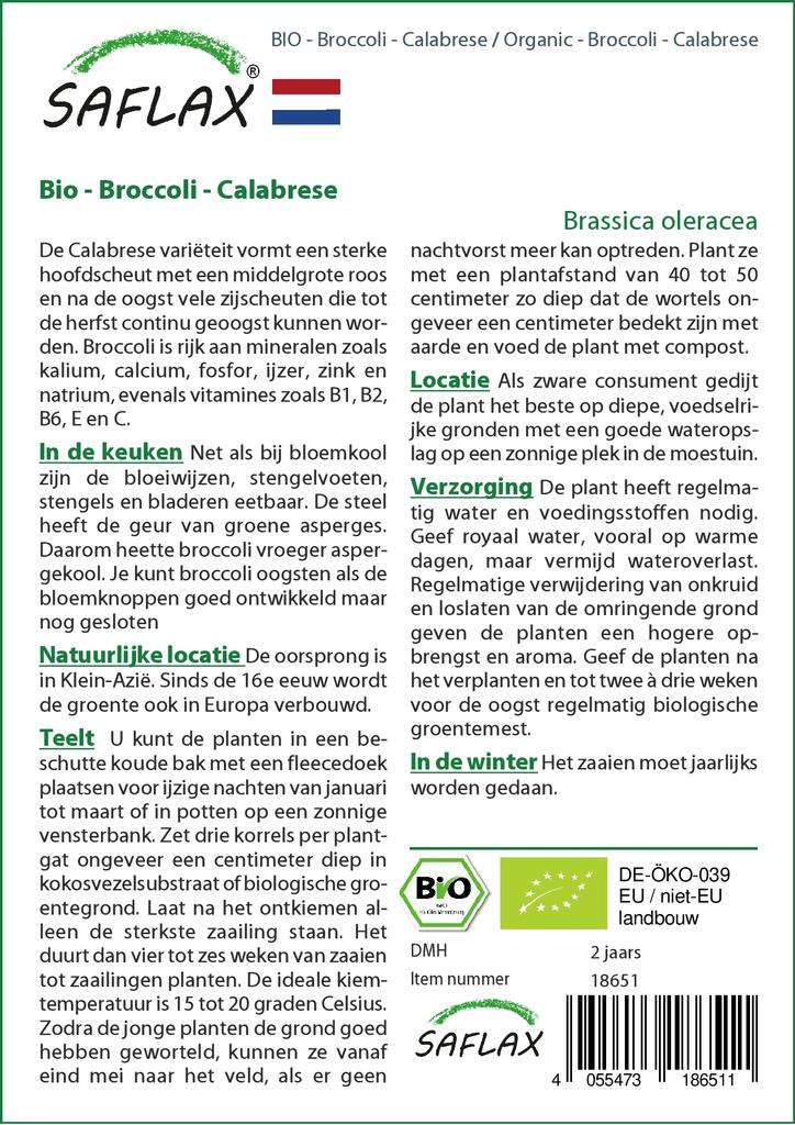 SAFLAX Garden In the Bag - Organic - Broccoli - Calabrese - 100 Seeds - With Substrate In a Fitting Stand Up Bag - Brassica Oleracea