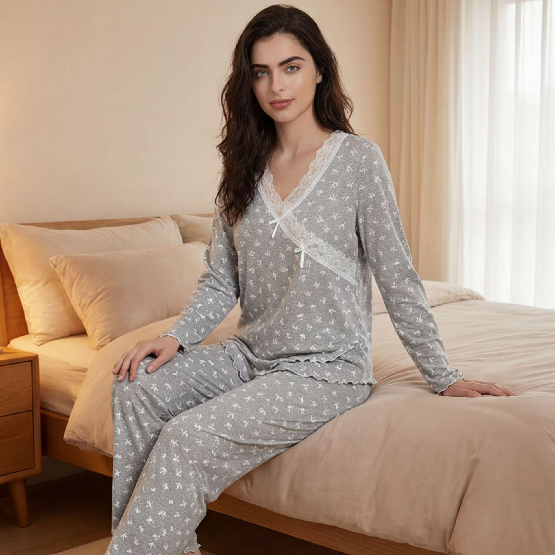 Printed Pajamas Set Lace Bow V-Neck Long Sleeve Loose Casual Home Two-piece Set S серый