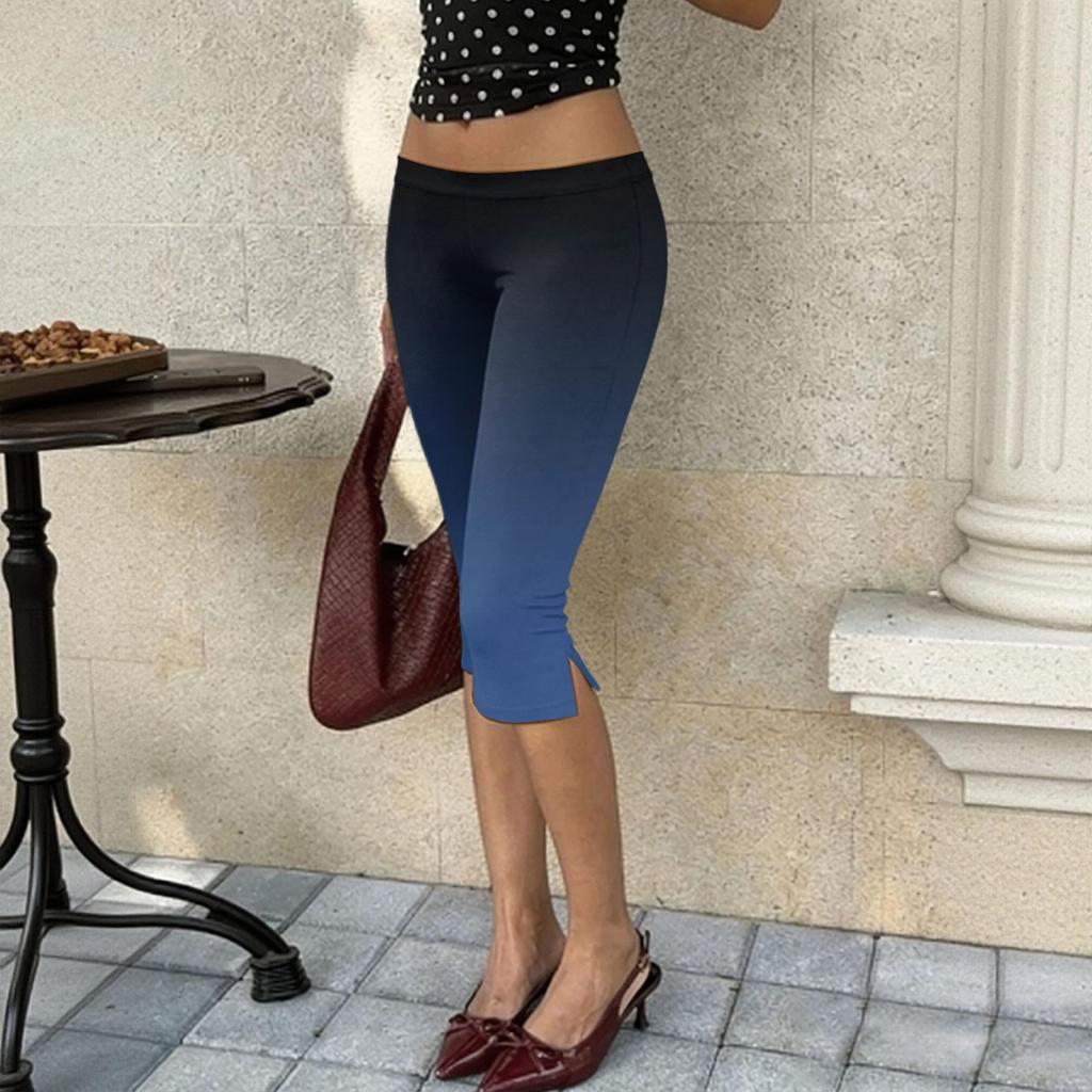 Women Milk Silk Gradient Print Casual Pants Mid Waist Stretchy Slim Fit Cropped Length Soft Lightweight Bottoms for Daily Wear