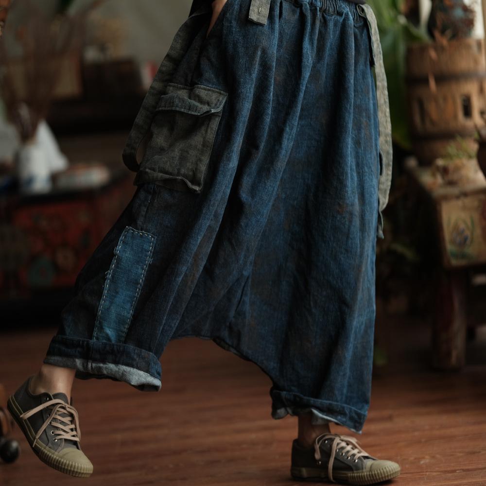 Johnature Women Jumpsuits Elastic Waist Autumn Patchwork Pockets Loose Jumpsuits