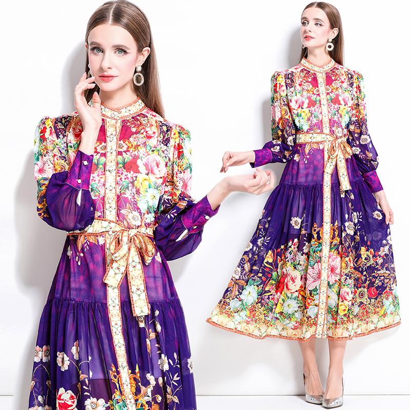 Spring Summer Women Lantern Sleeve Vintage Print Chiffon Oversize Loose Long Maxi Holiday Beach Dresses